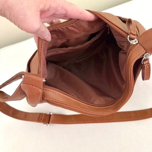 Brown Faux Leather Crossbody Bag Adjustable Strap Multi Compartment Purse - Picture 5 of 15